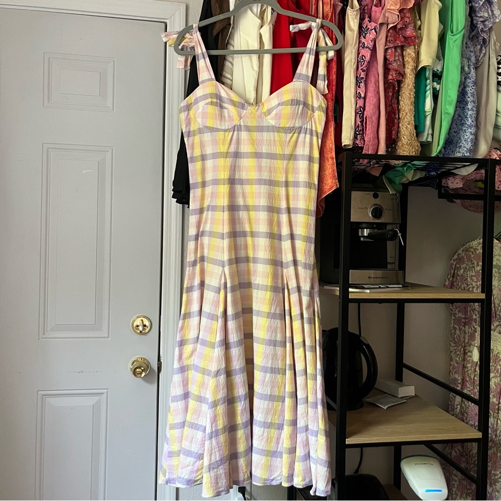PAPER LONDON pink purple‎ yellow white plaid check sleeveless midi maxi dress
